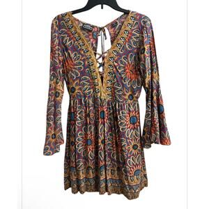 ANGIE Blossom Bell Sleeves Boho Floral Laced Up Women’s Mini Dress Size Small